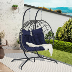 2 Person Outdoor Rattan Hanging Patio Wicker Egg Brafab Double Rattan Swing Egg with Stand, Oversized 2 Person Wicker Hanging Egg for Indoor/Outdoor, Basket Hammock with UV Resistant Cushion, 600 Lbs Capacity Red Floor Egg Swing Chairs Boho Chair