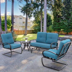 Walsunny 4 Pieces Outdoor Metal Conversation Set with Spring Cushion Chairs, Loveseat Couch & Coffee Table for Yard, Lawn, Pool, Blue/Beige