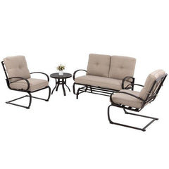 Walsunny 4 Pieces Outdoor Metal Conversation Set with Spring Cushion Chairs, Loveseat Couch & Coffee Table for Yard, Lawn, Pool, Blue/Beige