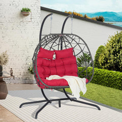 2 Person Outdoor Rattan Hanging Patio Wicker Egg Brafab Double Rattan Swing Egg with Stand, Oversized 2 Person Wicker Hanging Egg for Indoor/Outdoor, Basket Hammock with UV Resistant Cushion, 600 Lbs Capacity Red Floor Egg Swing Chairs Boho Chair