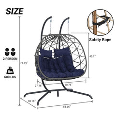 2 Person Outdoor Rattan Hanging Patio Wicker Egg Brafab Double Rattan Swing Egg with Stand, Oversized 2 Person Wicker Hanging Egg for Indoor/Outdoor, Basket Hammock with UV Resistant Cushion, 600 Lbs Capacity Red Floor Egg Swing Chairs Boho Chair