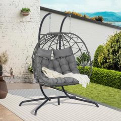 2 Person Outdoor Rattan Hanging Patio Wicker Egg Brafab Double Rattan Swing Egg with Stand, Oversized 2 Person Wicker Hanging Egg for Indoor/Outdoor, Basket Hammock with UV Resistant Cushion, 600 Lbs Capacity Red Floor Egg Swing Chairs Boho Chair