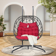 2 Person Outdoor Rattan Hanging Patio Wicker Egg Brafab Double Rattan Swing Egg with Stand, Oversized 2 Person Wicker Hanging Egg for Indoor/Outdoor, Basket Hammock with UV Resistant Cushion, 600 Lbs Capacity Red Floor Egg Swing Chairs Boho Chair